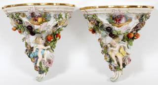 Appraisal: CARL THIEME PORCELAIN FIGURAL CURIO BRACKETS POTSCHAPPEL C PAIR H