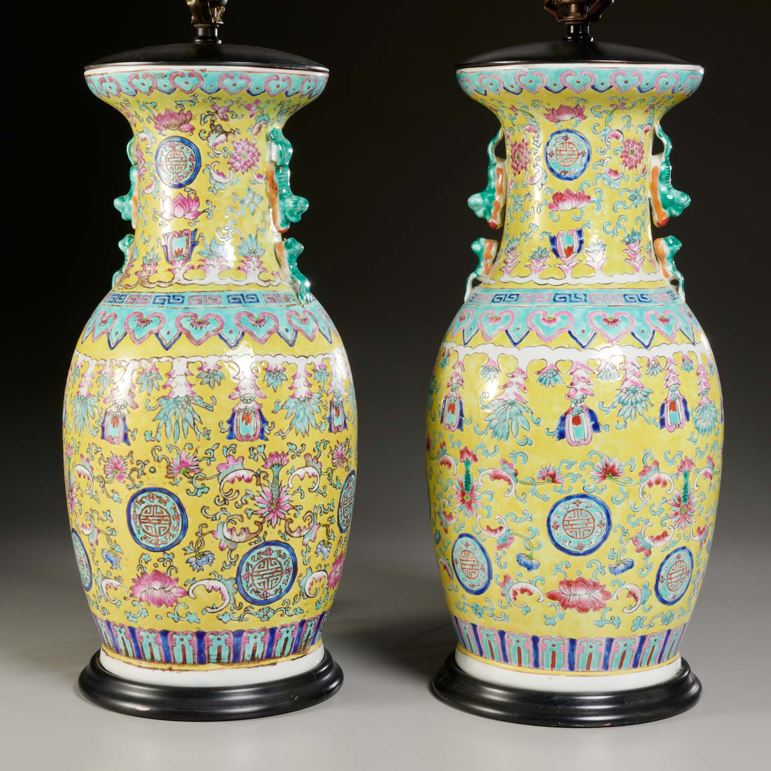 Appraisal: PAIR CHINESE YELLOW GROUND VASE LAMPS Qing Dynasty th th