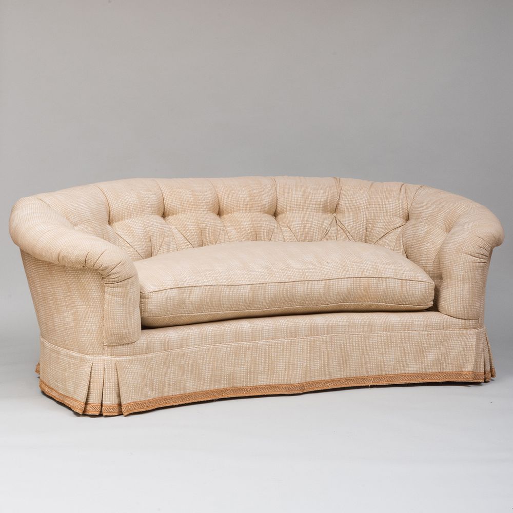 Appraisal: Beige and Brown Linen Tufted Upholstered Sofa by DeAngelis x