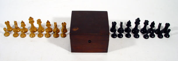 Appraisal: Ebony and fruitwood chess set in a mahogany box