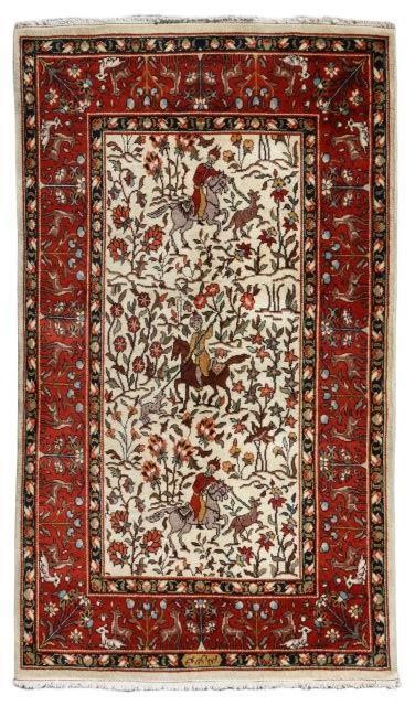 Appraisal: Hand-tied Romanian hunting design wool rug reading Welcome center bottom