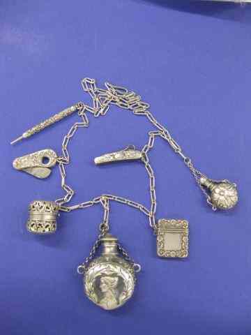 Appraisal: Sterling Silver Chatelaine Necklace includes perfume bottle thimble holder stamp