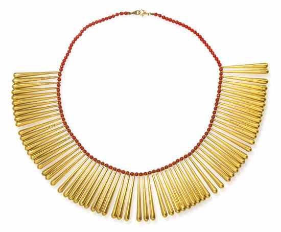 Appraisal: An Karat Yellow Gold and Coral Bib Necklace consisting of