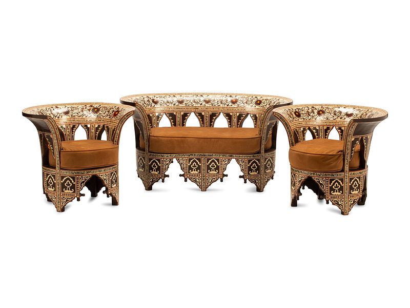 Appraisal: An Iberian Style Mother-of-Pearl Inlaid Seating Suite Height of sofa