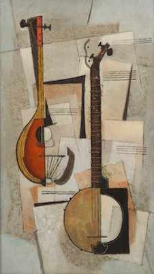 Appraisal: Unsigned Mid-Century Modern Painting Still Life with Mandolin and Banjo