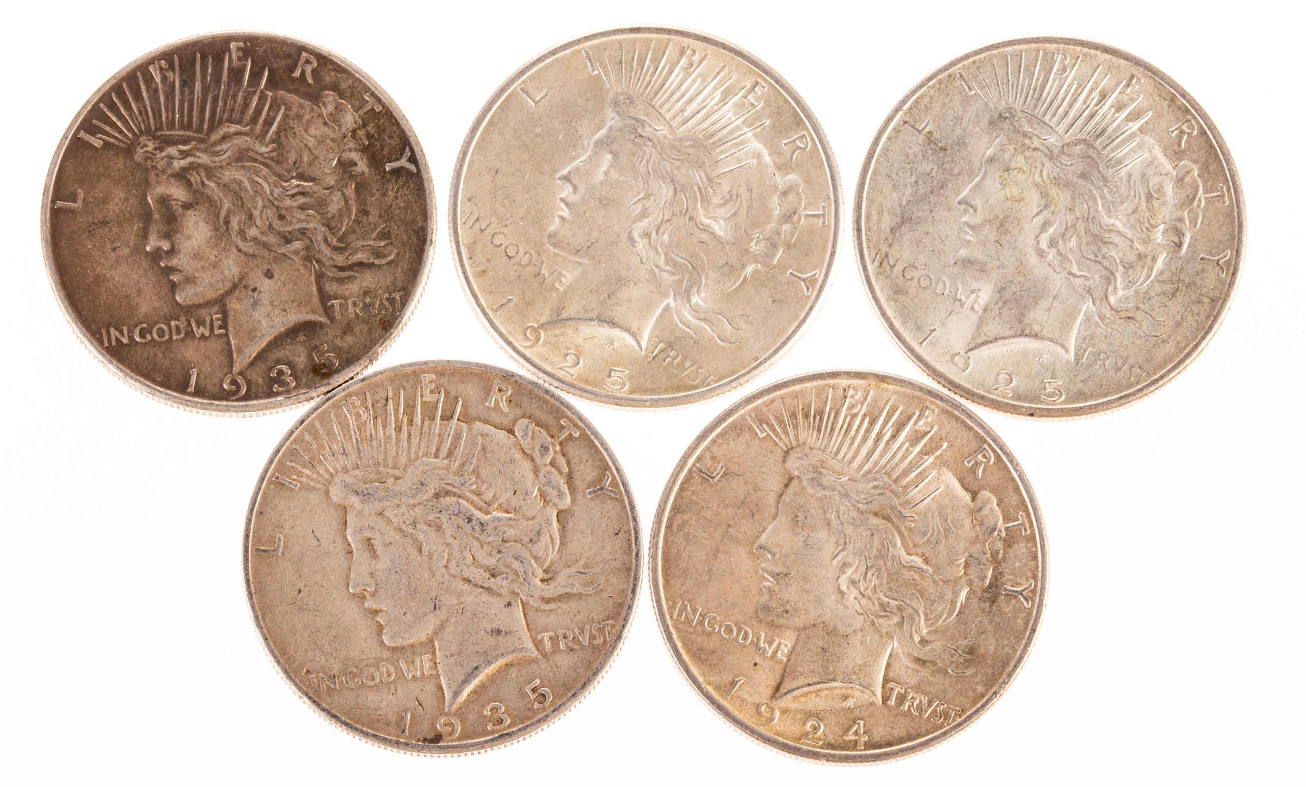 Appraisal: FIVE BETTER PEACE DOLLARS AU - AU XF -S F