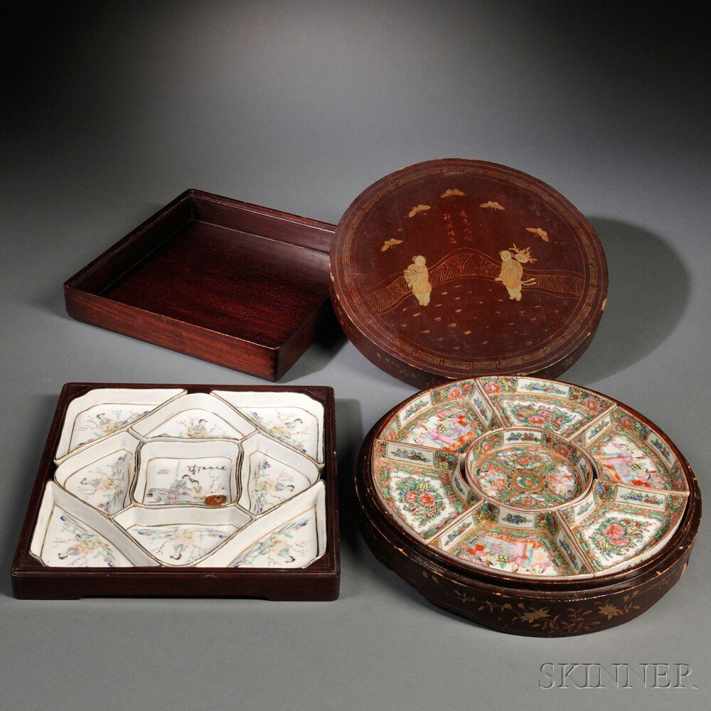 Appraisal: Two Sets of Sweetmeat Dishes in Wood Boxes China seven