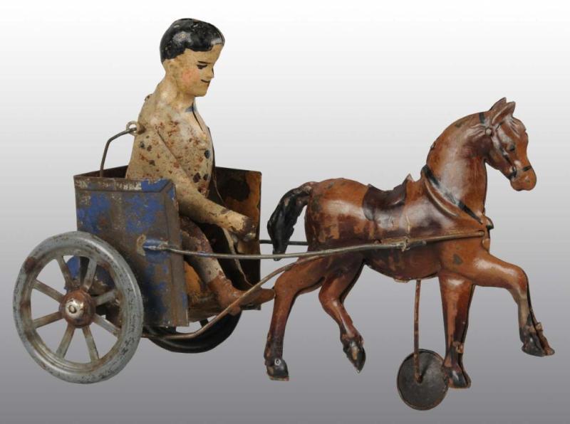 Appraisal: Tin Hand-Painted Horse Cart Wind-Up Toy Description German Working When