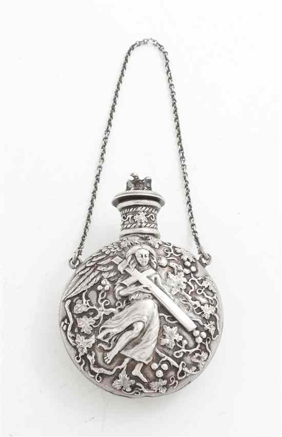 Appraisal: A Continental Silvered Metal Communion Flask the lid having a