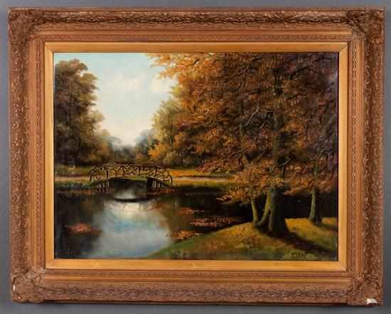 Appraisal: American School th century Autumnal Landscape with Stream and Bridge