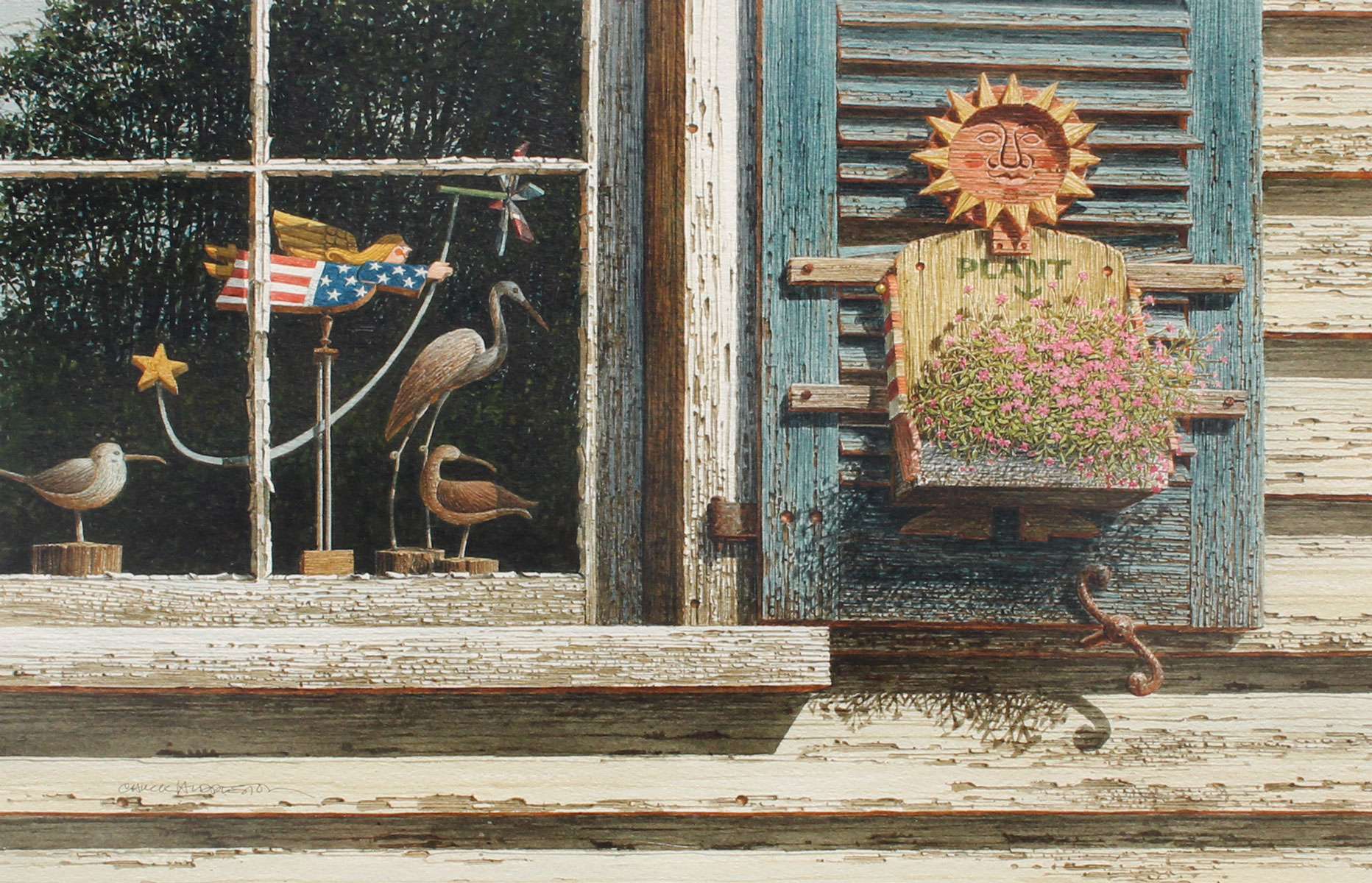 Appraisal: HUDDLESTON Chuck American th Century Windowsill Still Life with Whirligigs