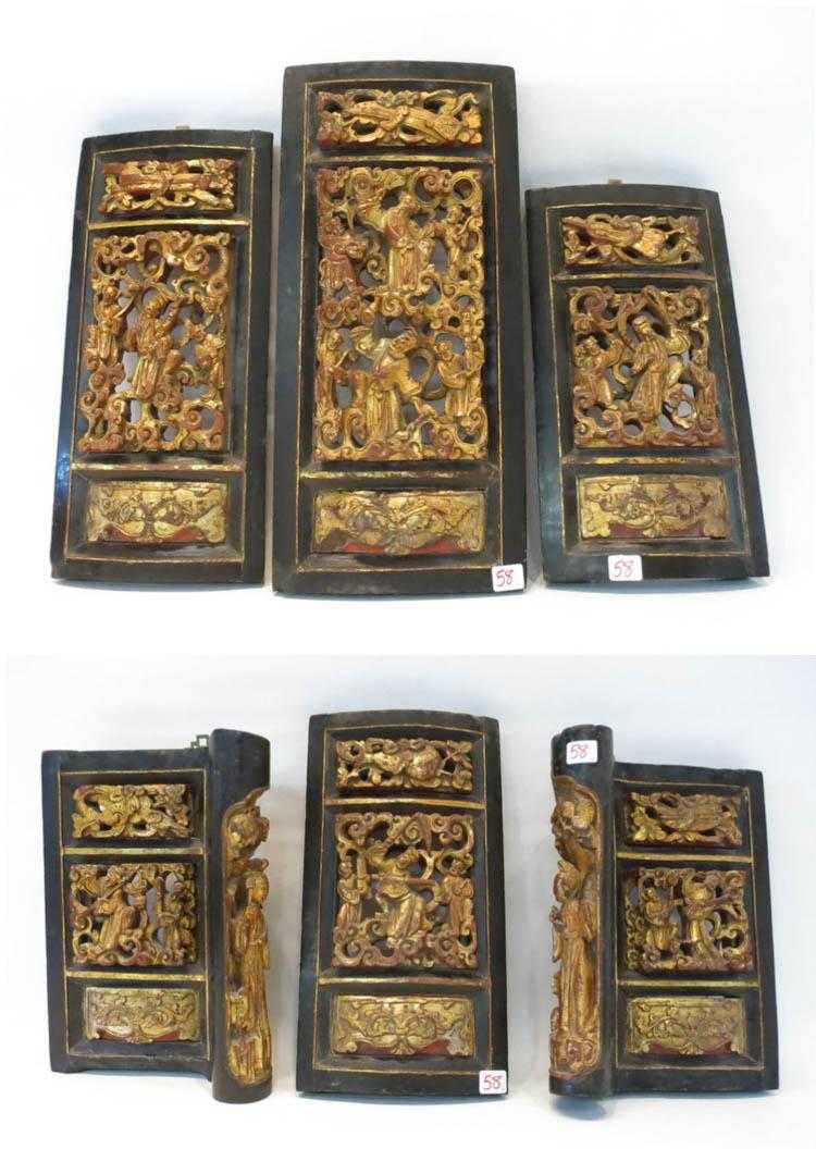 Appraisal: SIX CHINESE CARVED WOOD BED PANELS with high-relief gilt characters