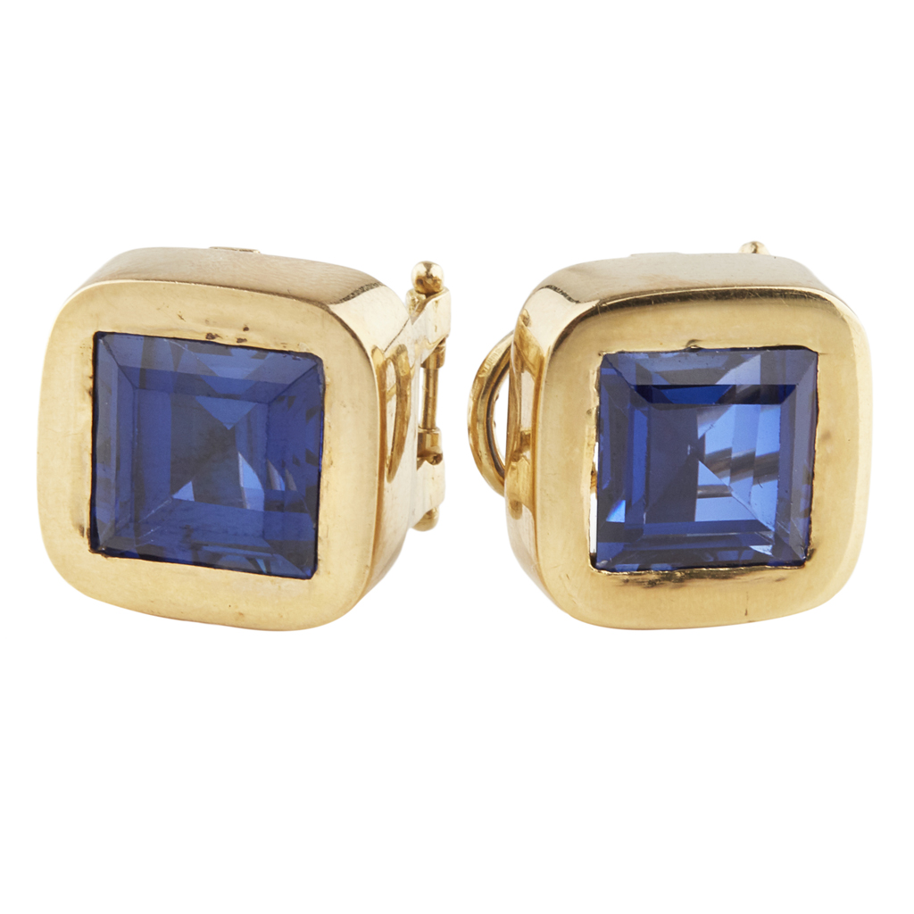 Appraisal: A pair of synthetic sapphire set earrings each collet set