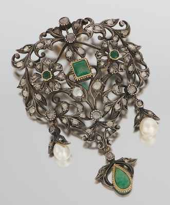 Appraisal: A Large Georgian Style Emerald Diamond and Pearl Brooch Large