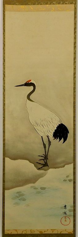 Appraisal: Japanese Crane Hanging Wall Scroll and Box Japan th Century