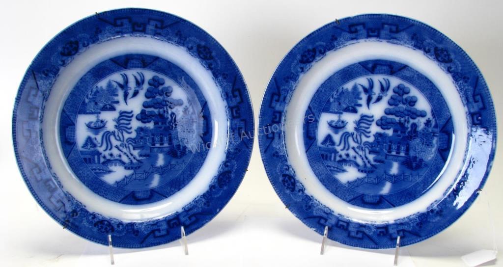 Appraisal: Pair of Willow English Porcelain Chargers blue and white chargers