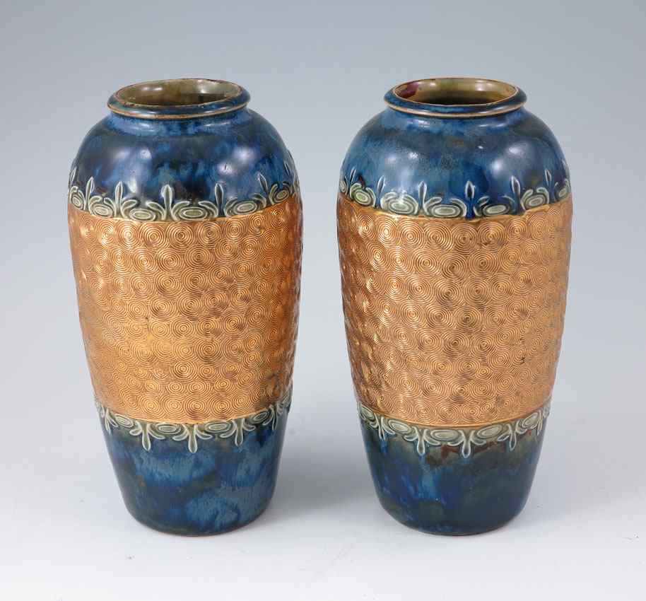 Appraisal: PAIR ROYAL DOULTON BURSLEM ART POTTERY VASES CA Blue majolica