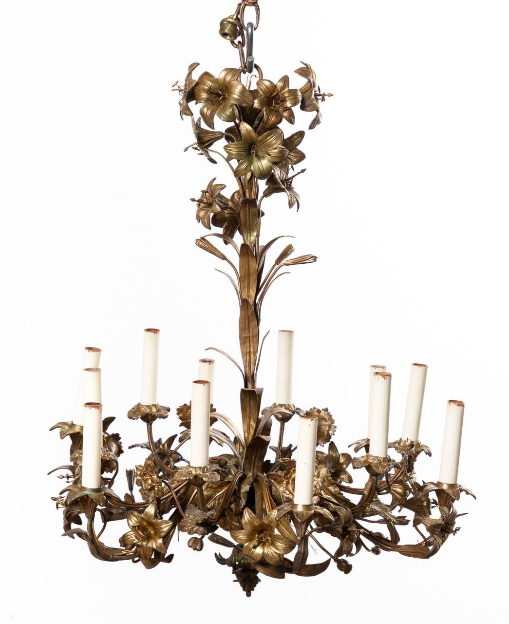 Appraisal: FRENCH GILT BRONZE FLORAL TWELVE-LIGHT CHANDELIER French late th to