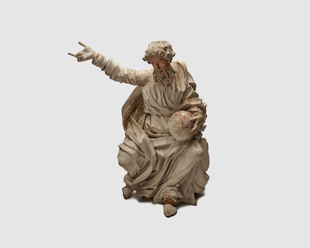 Appraisal: Continental Carved and Painted Wood Figure of Zeus gesturing and