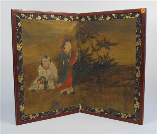 Appraisal: JAPANESE TWO PANEL TABLE SCREEN depicting two figures with a