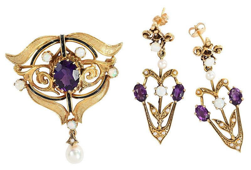 Appraisal: kt Amethyst Opal and Pearl Set pendant and brooch one