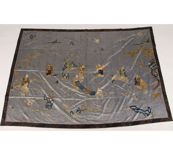 Appraisal: Asian embroidered silk tapestry decorated with several male figures cranes