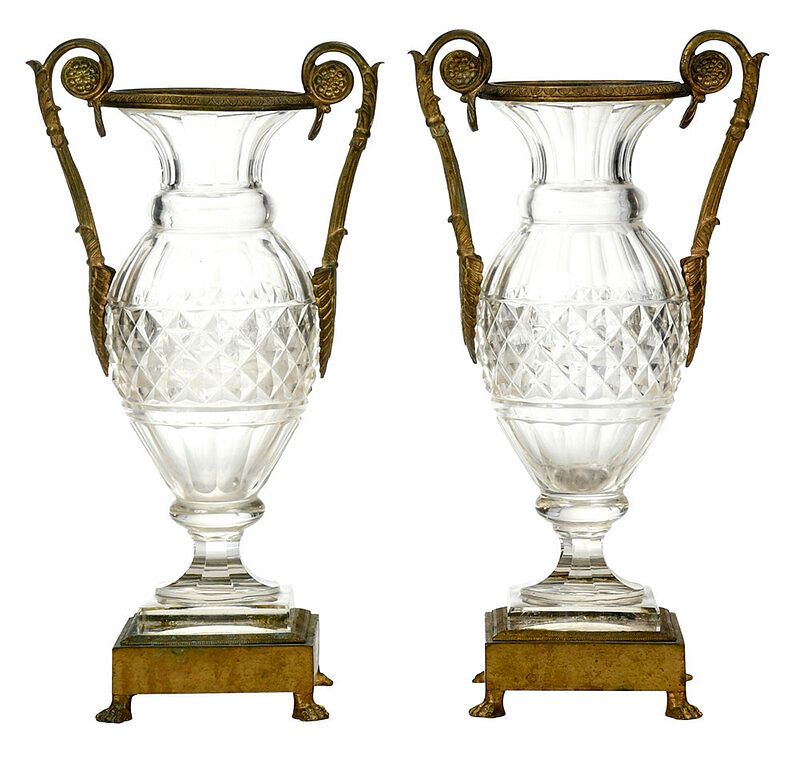 Appraisal: Pair Charles X Style Bronze Mounted Glass Urns Continental th