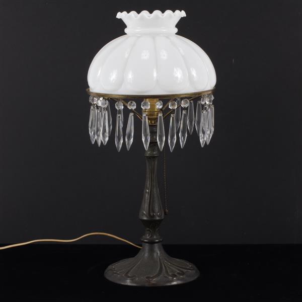 Appraisal: Table lamp with milk glass ruffle shade and luster prisms