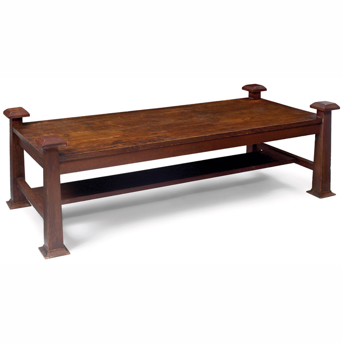 Appraisal: Unusual Prairie School coffee table reverse-tapered legs with faceted capitals