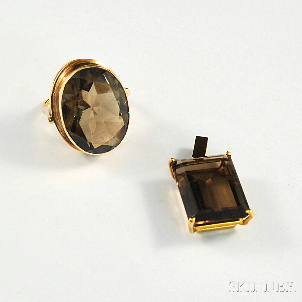 Appraisal: Two Pieces of Smoky Topaz Jewelry an kt gold-mounted emerald-cut