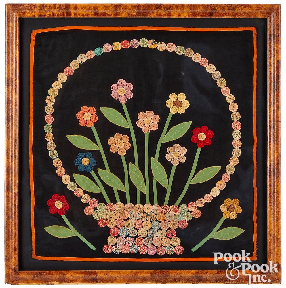 Appraisal: Pieced and embroidered flower basket late th c Pieced and