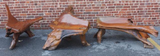 Appraisal: Lot of Carved Teak Wood Root Benches Taiwanese carved teakwood