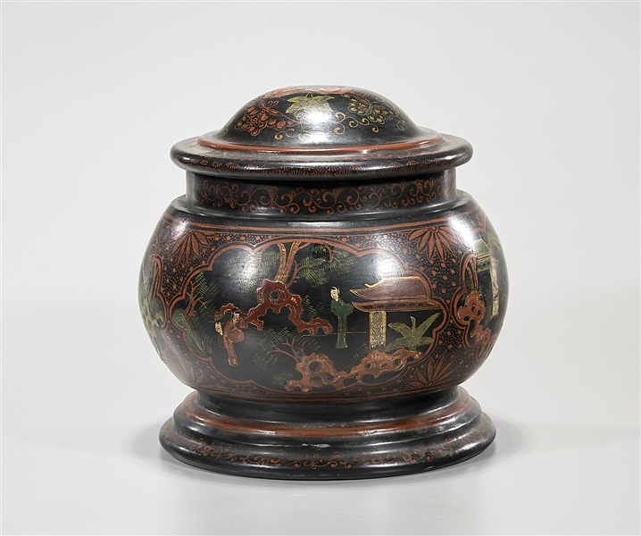 Appraisal: Chinese painted lacquer covered container depicting various figures in landscape