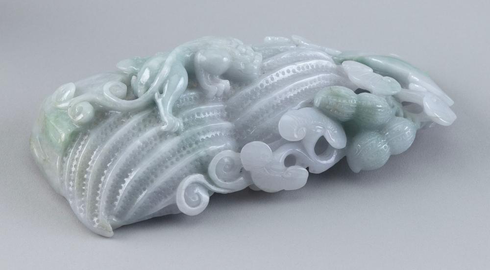 Appraisal: CHINESE GREEN AND WHITE JADE CARVING LENGTH CHINESE GREEN AND