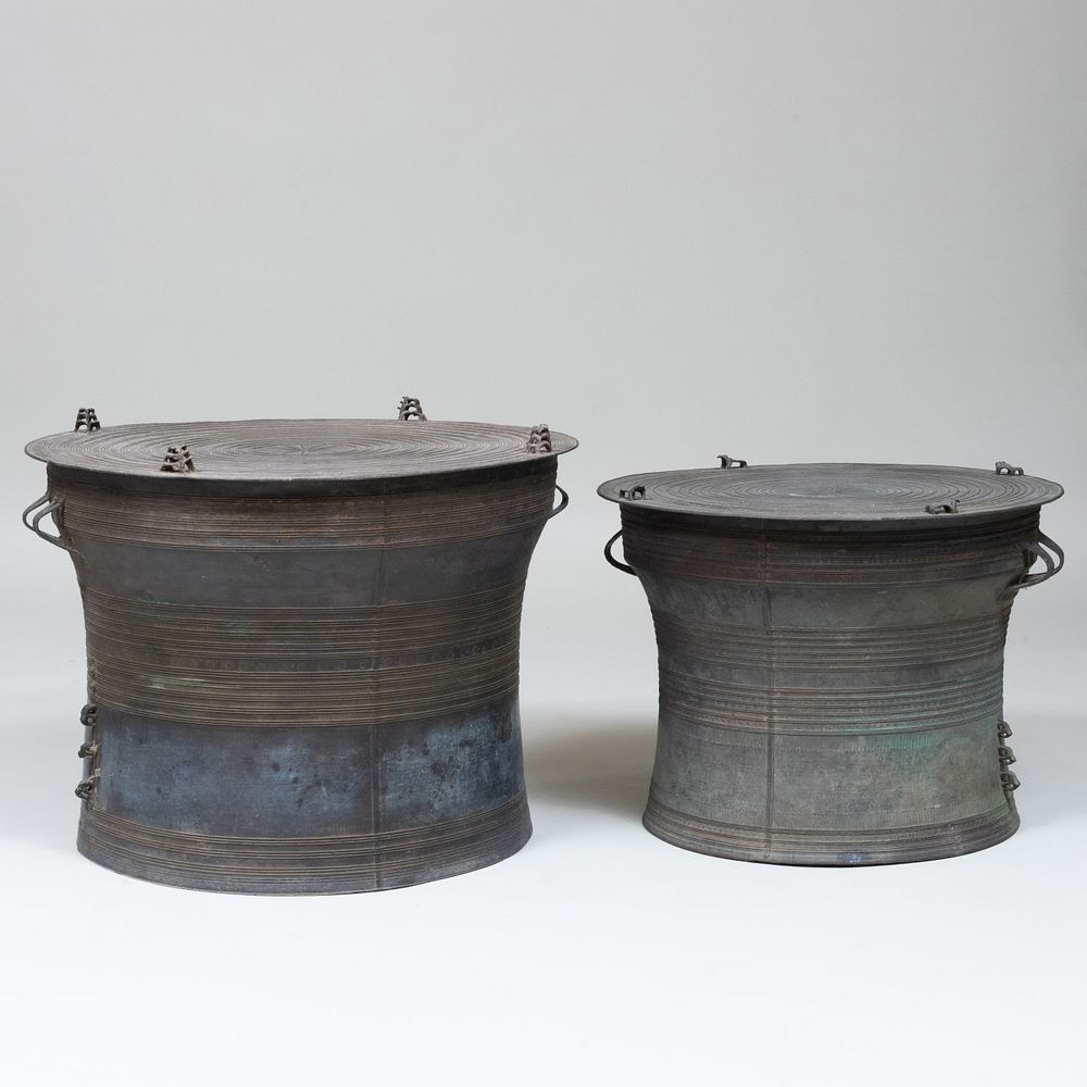 Appraisal: Two Thai Metal Rain Drum Tables The largest with three