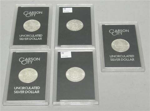 Appraisal: FIVE CARSON CITY SILVER DOLLARS Including and