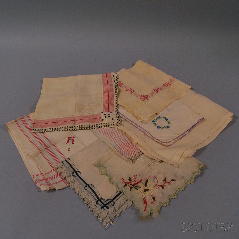 Appraisal: Eight Embroidered Cotton Silk and Linen Handkerchiefs America second half