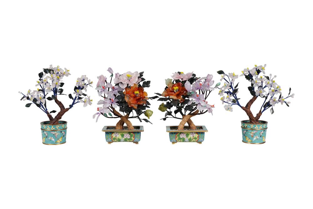 Appraisal: FOUR CHINESE JADE TREESon cloisonne bases two pairs inches high