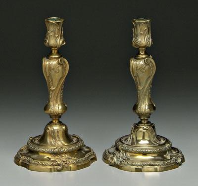 Appraisal: Pair Louis XV bronze candlesticks finely cast scroll and leaf