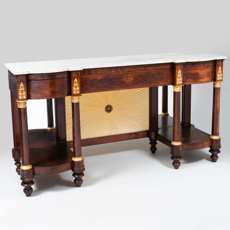 Appraisal: Large Classical Gilt-Metal-Mounted Figured Mahogany Marble Top Sideboard New York