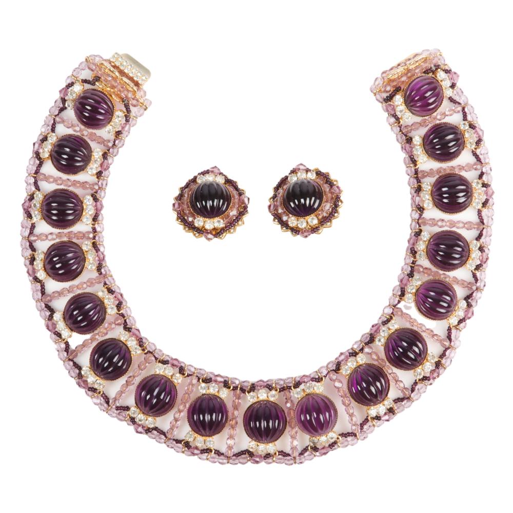 Appraisal: WILLIAM DELILLO AMETHYST CARVED MELON CABOCHON CRYSTAL NECKLACE AND EARRING