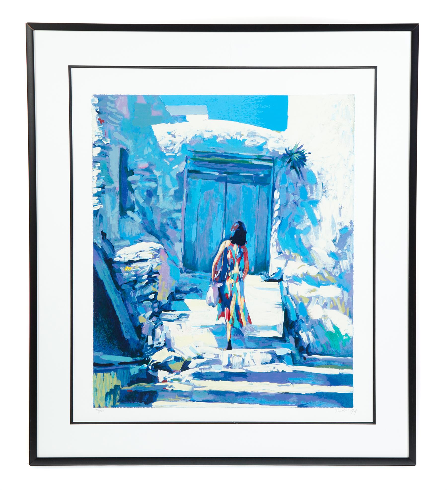 Appraisal: CONTEMPORARY PRINT OF WOMAN AND DOOR Serigraph on paper illegible