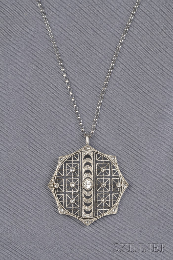 Appraisal: Art Deco Platinum and Diamond Pendant set with old European-