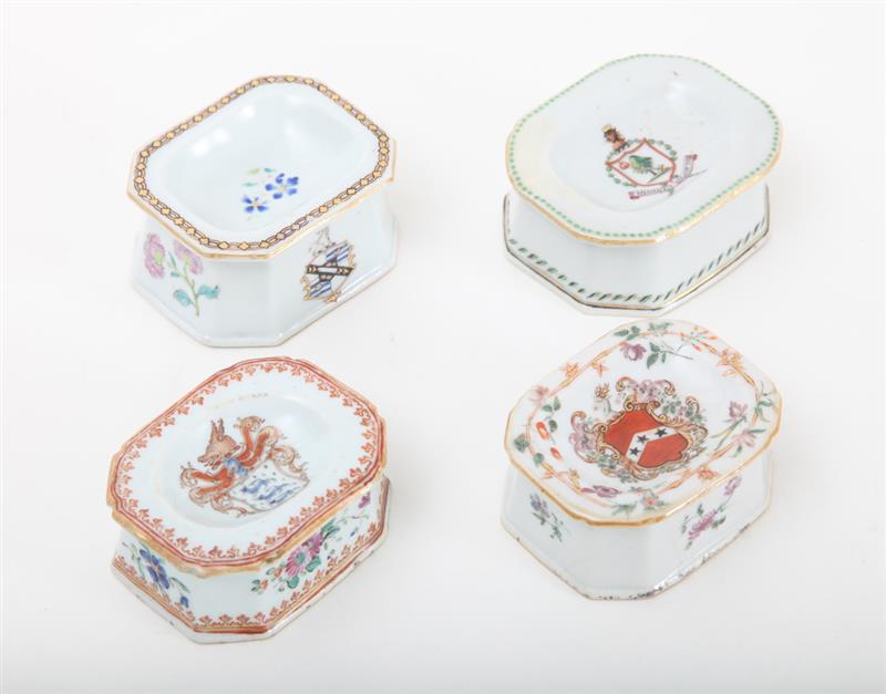 Appraisal: FOUR CHINESE EXPORT FAMILLE ROSE ARMORIAL PORCELAIN SALTS Variously with