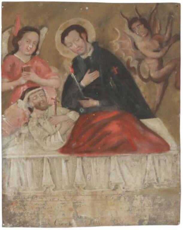 Appraisal: Unframed oil on tin retablo San Camilo de Lelis Saint