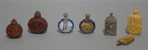 Appraisal: SEVEN VARIOUS SNUFF BOTTLES Including two moonflask form Canton enamel