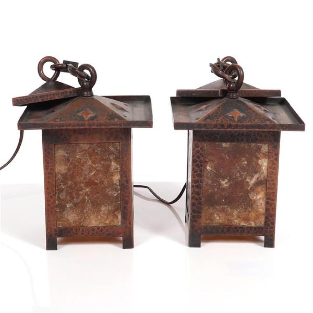 Appraisal: PAIR OF RARE ARTS CRAFTS HAMMERED COPPER HANGING LANTERN LIGHT