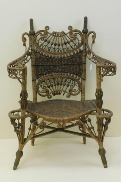 Appraisal: Rattan and wood with bead and curlicued trim Old natural