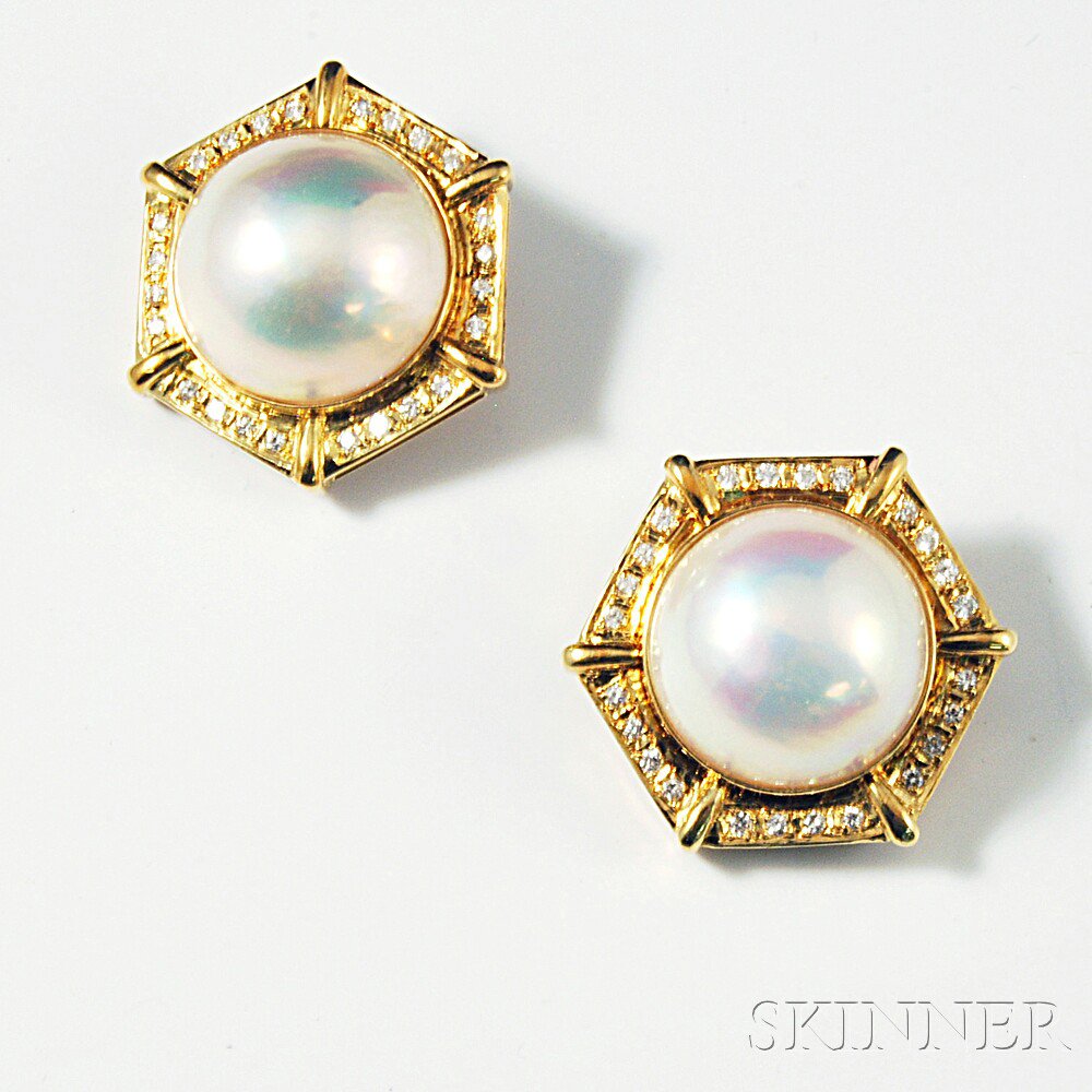 Appraisal: Pair of kt Gold Diamond and Pearl Earclips dwt Estimate