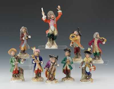 Appraisal: Nine Hand Painted Porcelain Monkey Band Figurines Nine piece porcelain